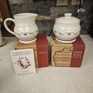 Longaberger Pottery Creamer and Sugar Bowl Set Woven Traditions Heritage Blue